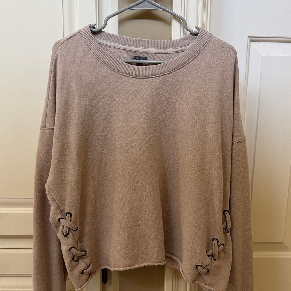 aerie Distressed Lace-Up Side Crewneck Sweatshirt in Taupe